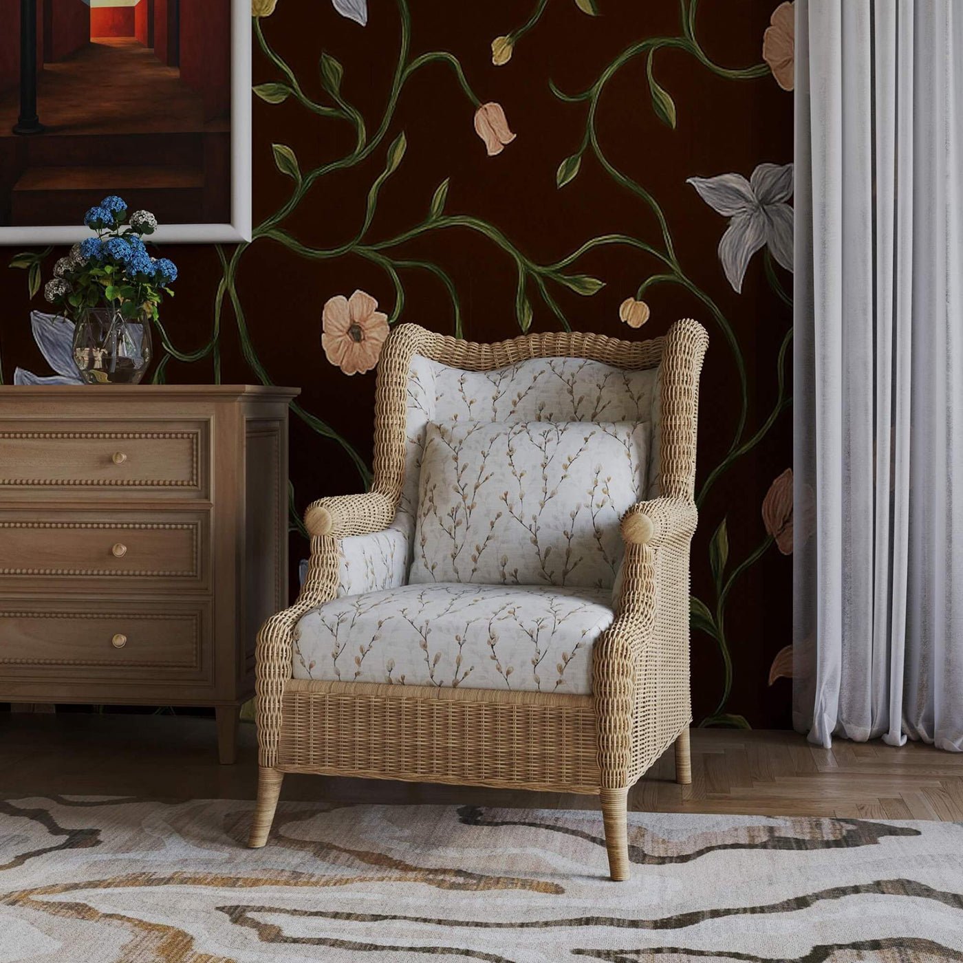 Wingback armchair in room with floral wallpaper.