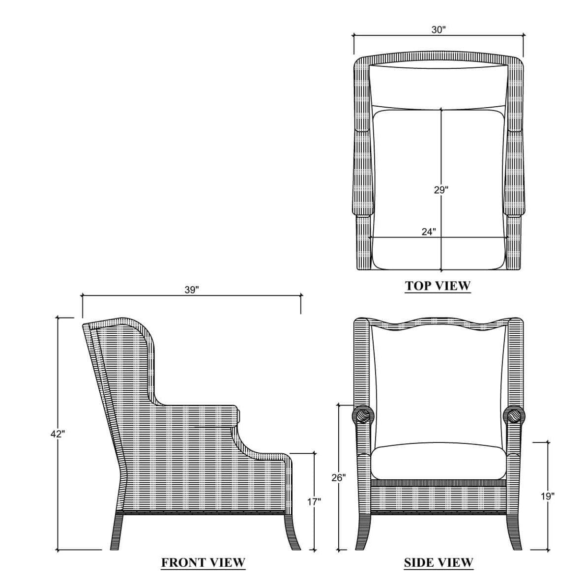 Design schematics of French country wingback armchair.