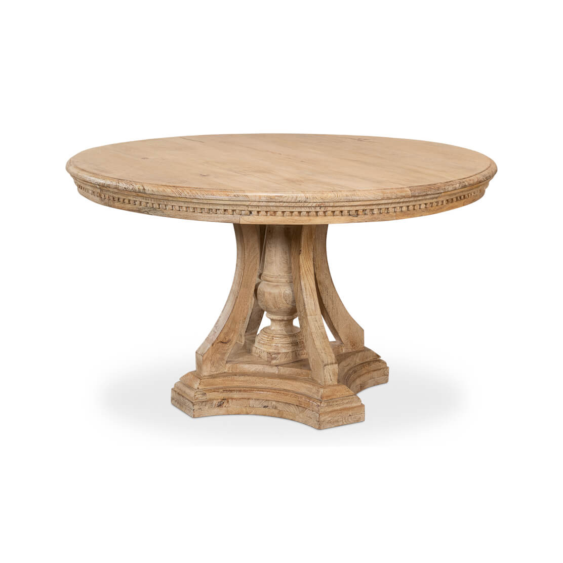 Round dining table, angled view, wooden pedestal base.