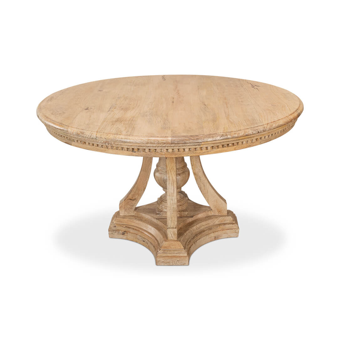 Dining table, slightly angled front view, ornate wooden base.