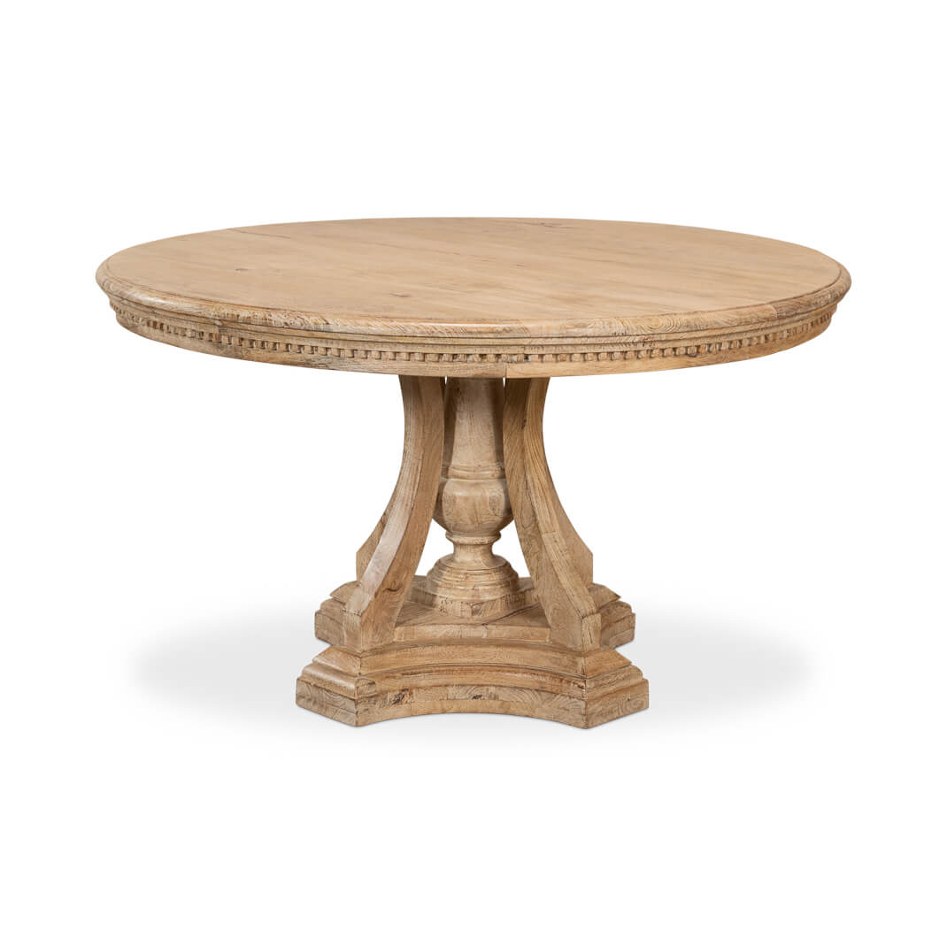 Rustic round dining table, side view, detailed craftsmanship.
