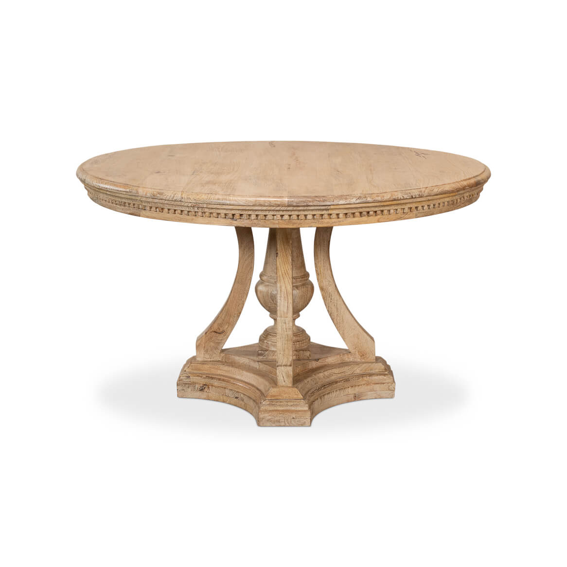 Round wooden dining table, front view, elegant base design.