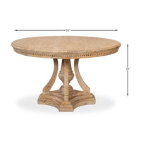 Dining table with dimensions, full front view, wooden build.