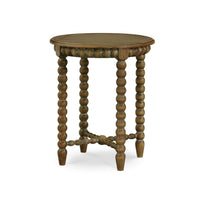 Round wooden end table with detailed legs, perspective view.