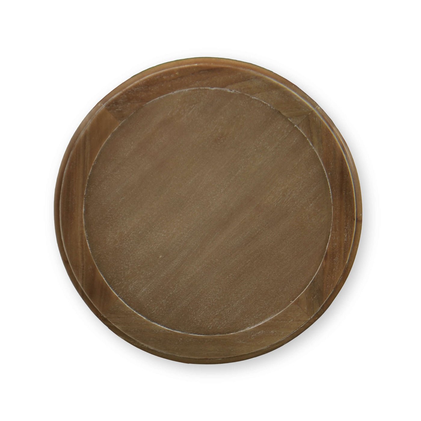 Top view of round wooden end table surface.