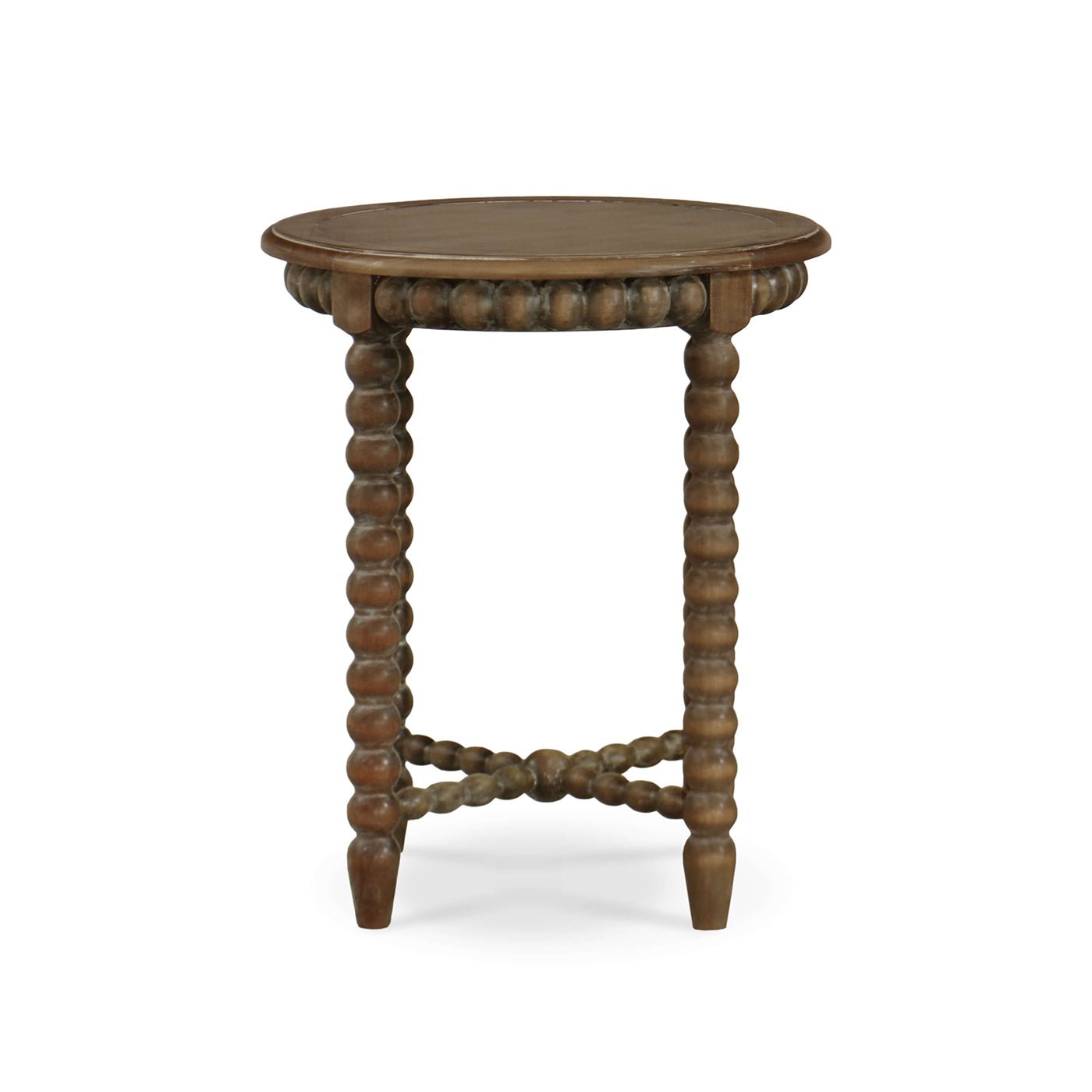 Wooden round end table with textured legs, front view.