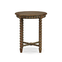 Wooden round end table with textured legs, front view.