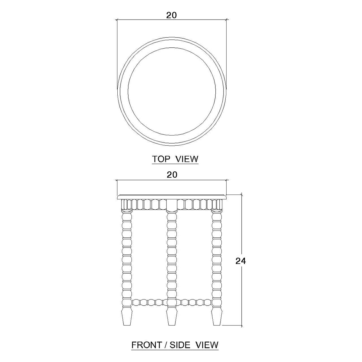 Technical drawing of round end table dimensions and design.