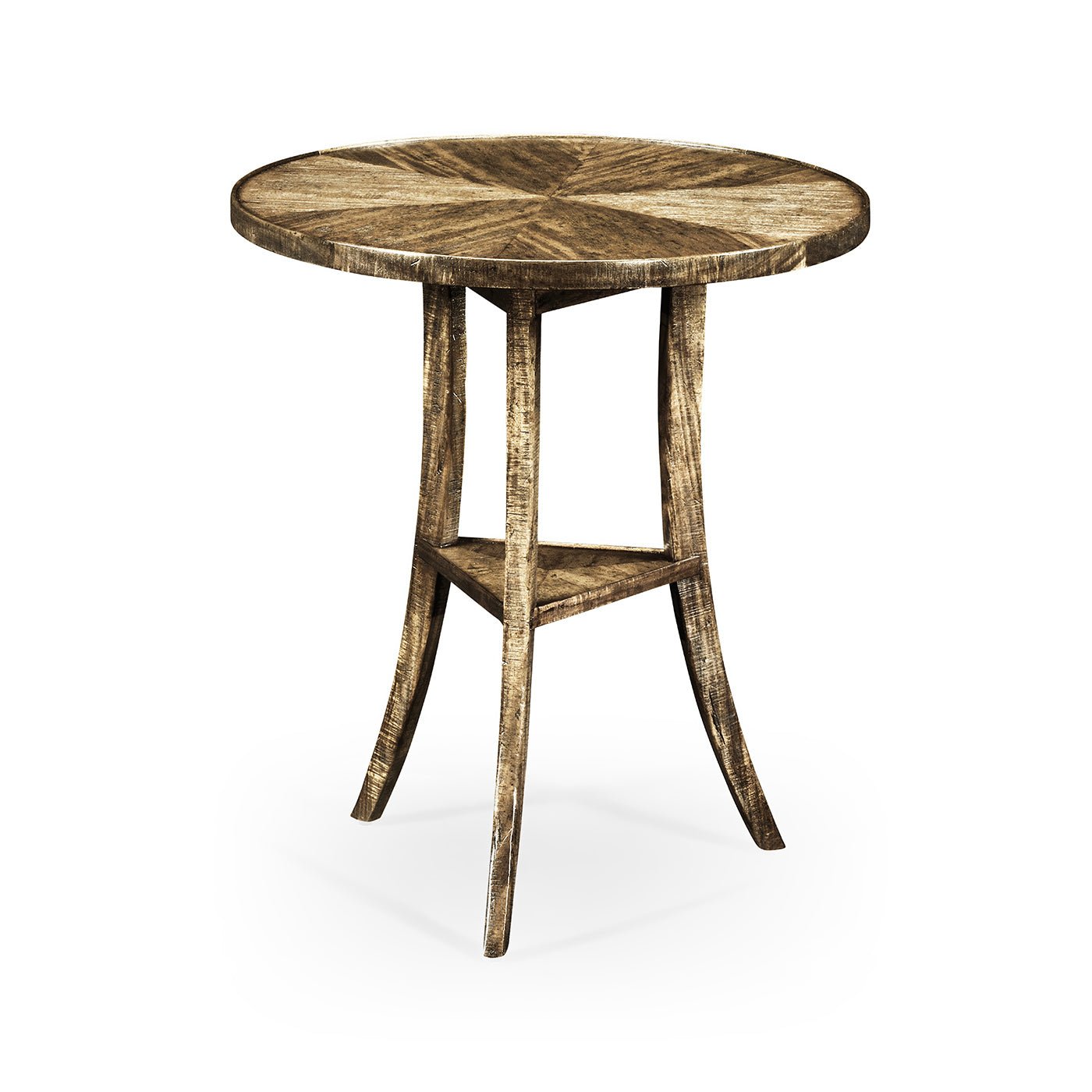 Rustic round end table with textured wood finish.