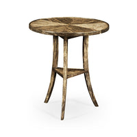Rustic round end table with textured wood finish.