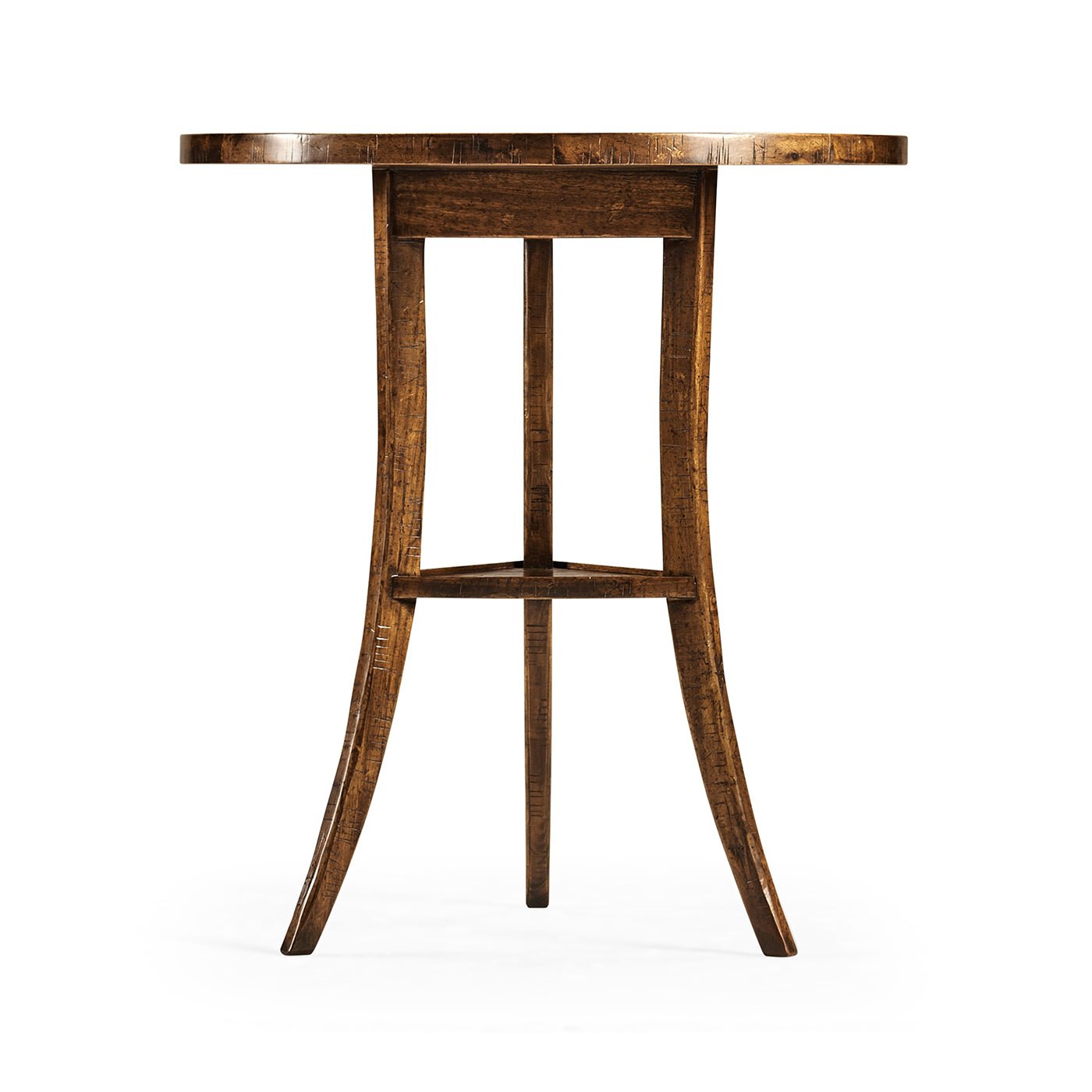 Front view of walnut finish round end table.