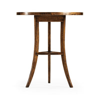 Front view of walnut finish round end table.