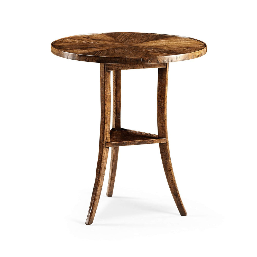 French country round table with walnut finish, full view.