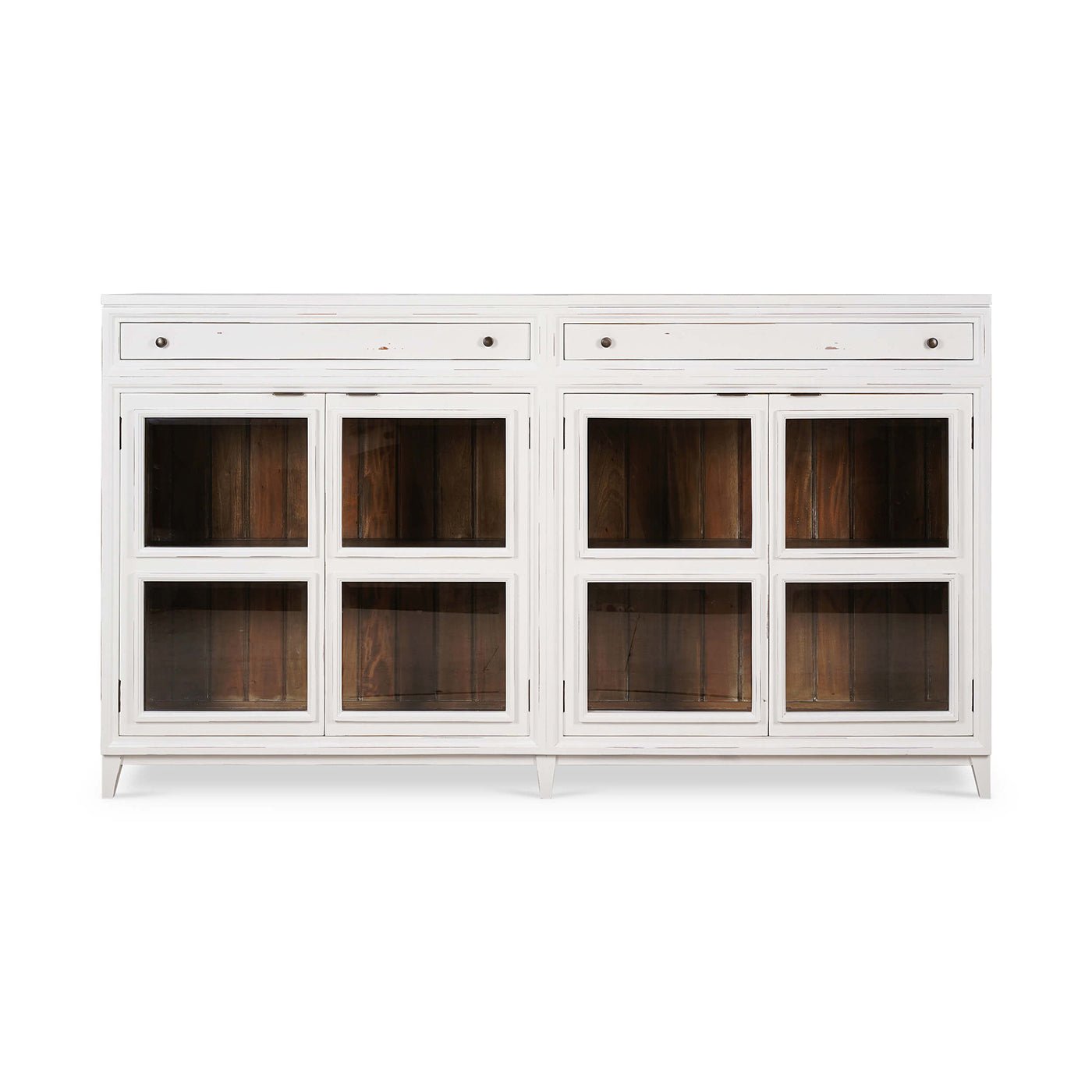Front view of rustic white credenza with drawers closed.