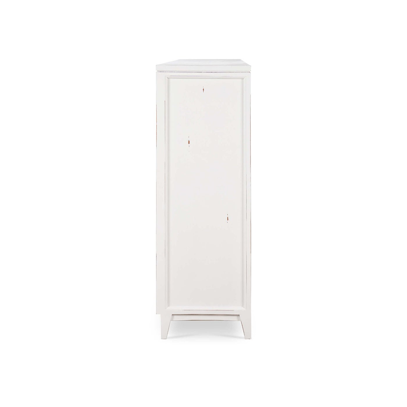 Side view of white rustic credenza.