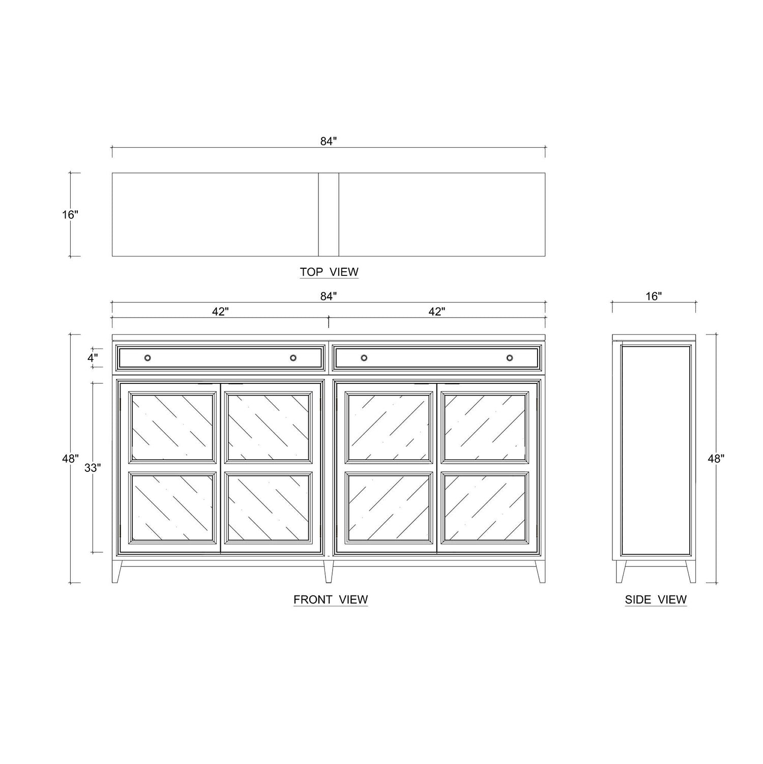 Credenza dimensions and design schematic diagrams.