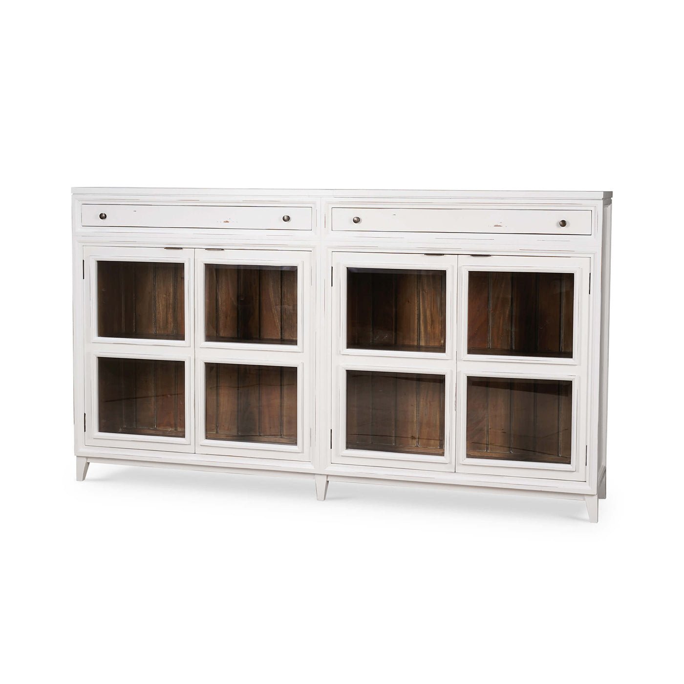 White credenza with glass doors and wooden interior front view.
