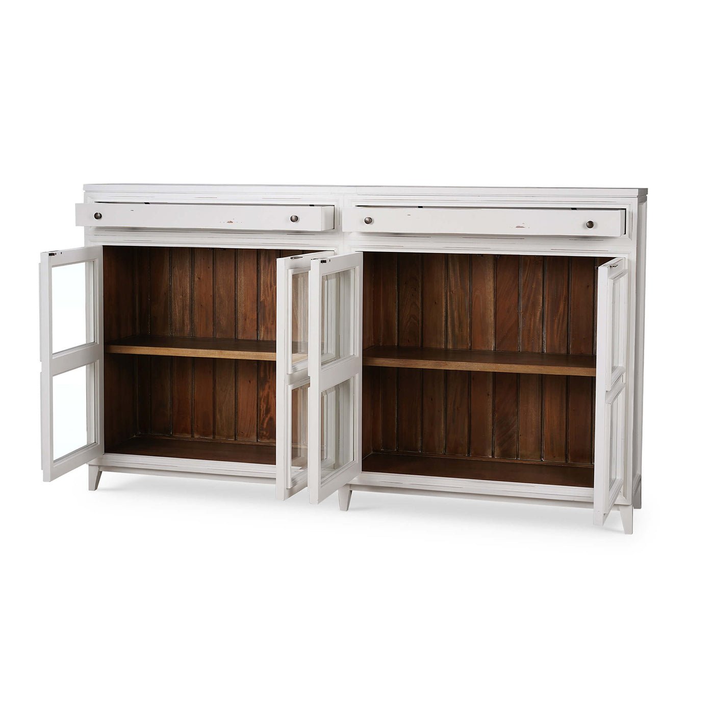 Open glass doors showing interior storage of credenza.