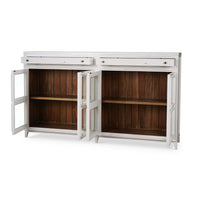 Open glass doors showing interior storage of credenza.