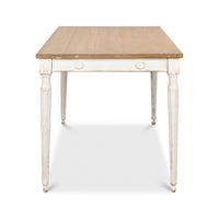 Rustic dining table, end view, white carved legs.