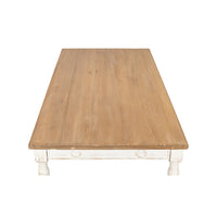 Rustic dining table, top-down view, wooden grain detail.