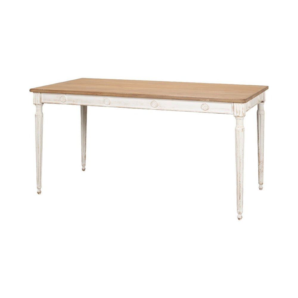 Rustic dining table, three-quarter view, wooden top, white legs.