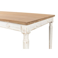 Rustic dining table, side detail, ornate leg carving.