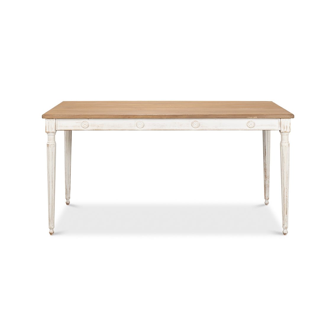 Rustic dining table, front view, detailed leg carvings.