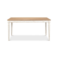 Rustic dining table, front view, detailed leg carvings.