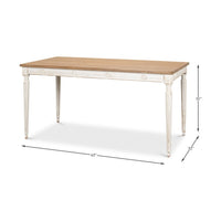 Rustic dining table, dimensions view, length and height indicators.