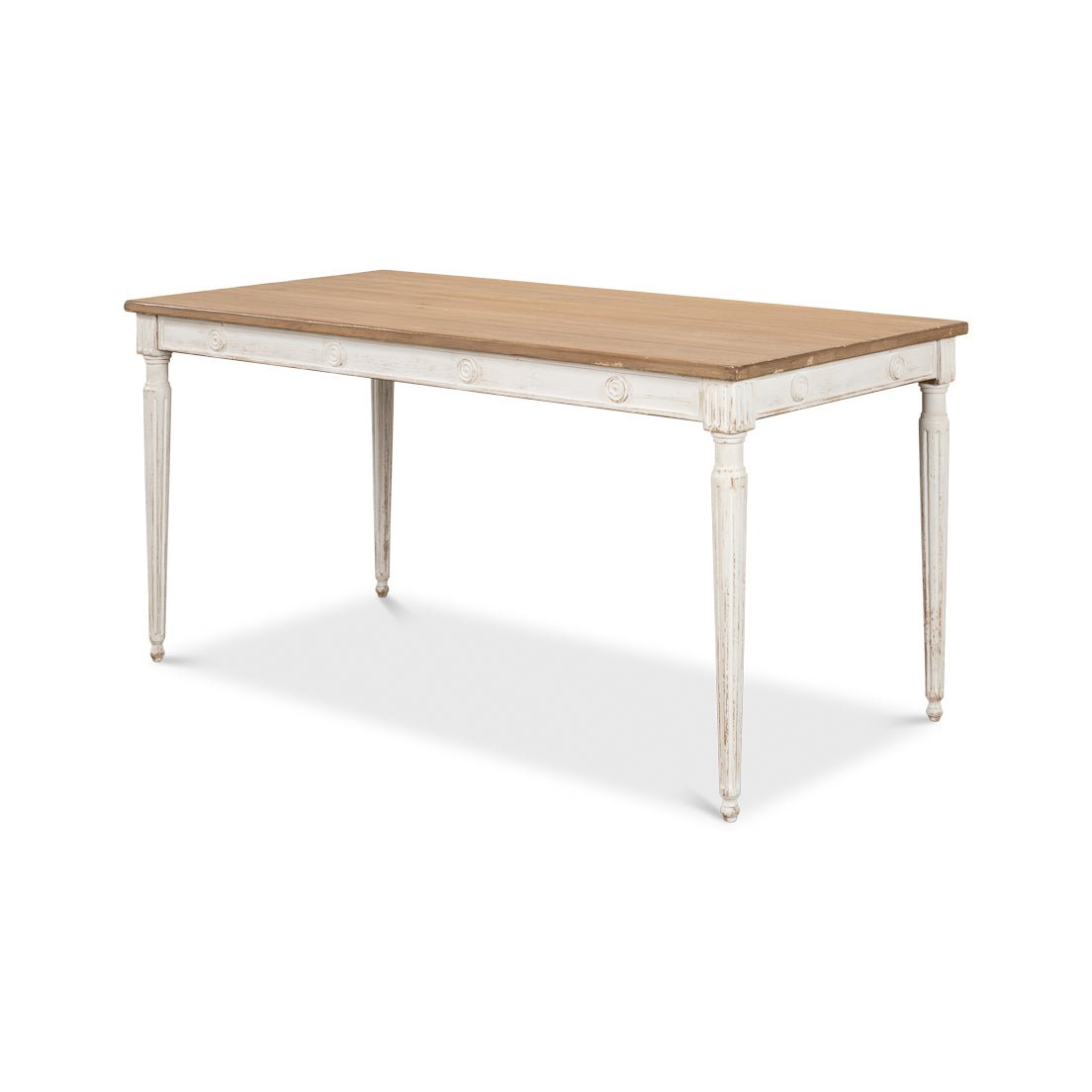 Rustic dining table, angled perspective, wood top, white base.