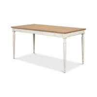 Rustic dining table, angled perspective, wood top, white base.