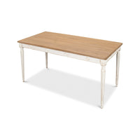 Rustic dining table, overview, wooden finish, corner details.