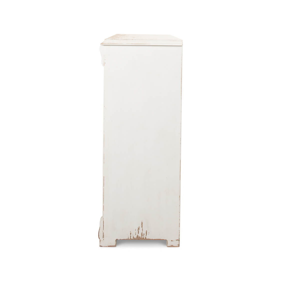 French country sideboard, side view, distressed white finish