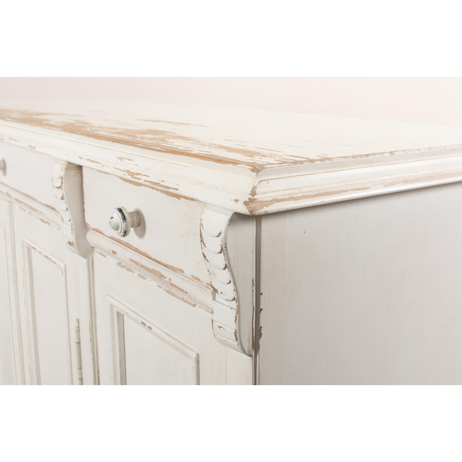 French country sideboard, corner detail, decorative molding