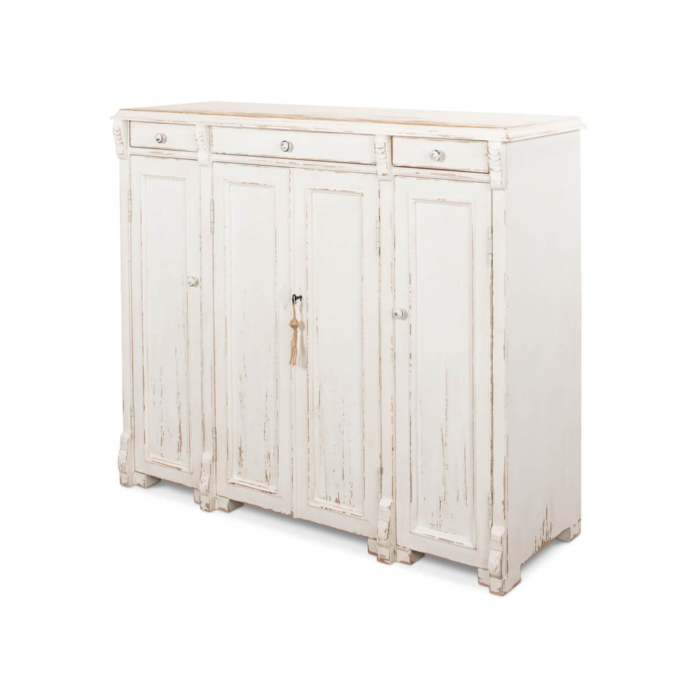 French country sideboard, angled view, distressed white finish
