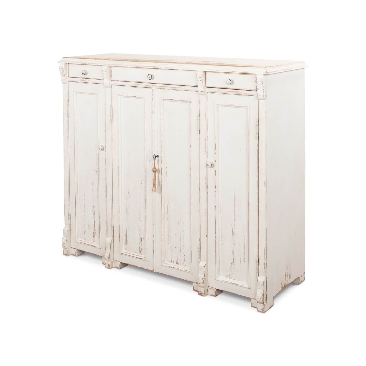 French country sideboard, angled view, distressed white finish