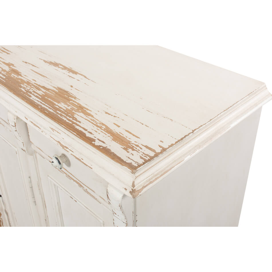 French country sideboard, close-up, distressed top surface