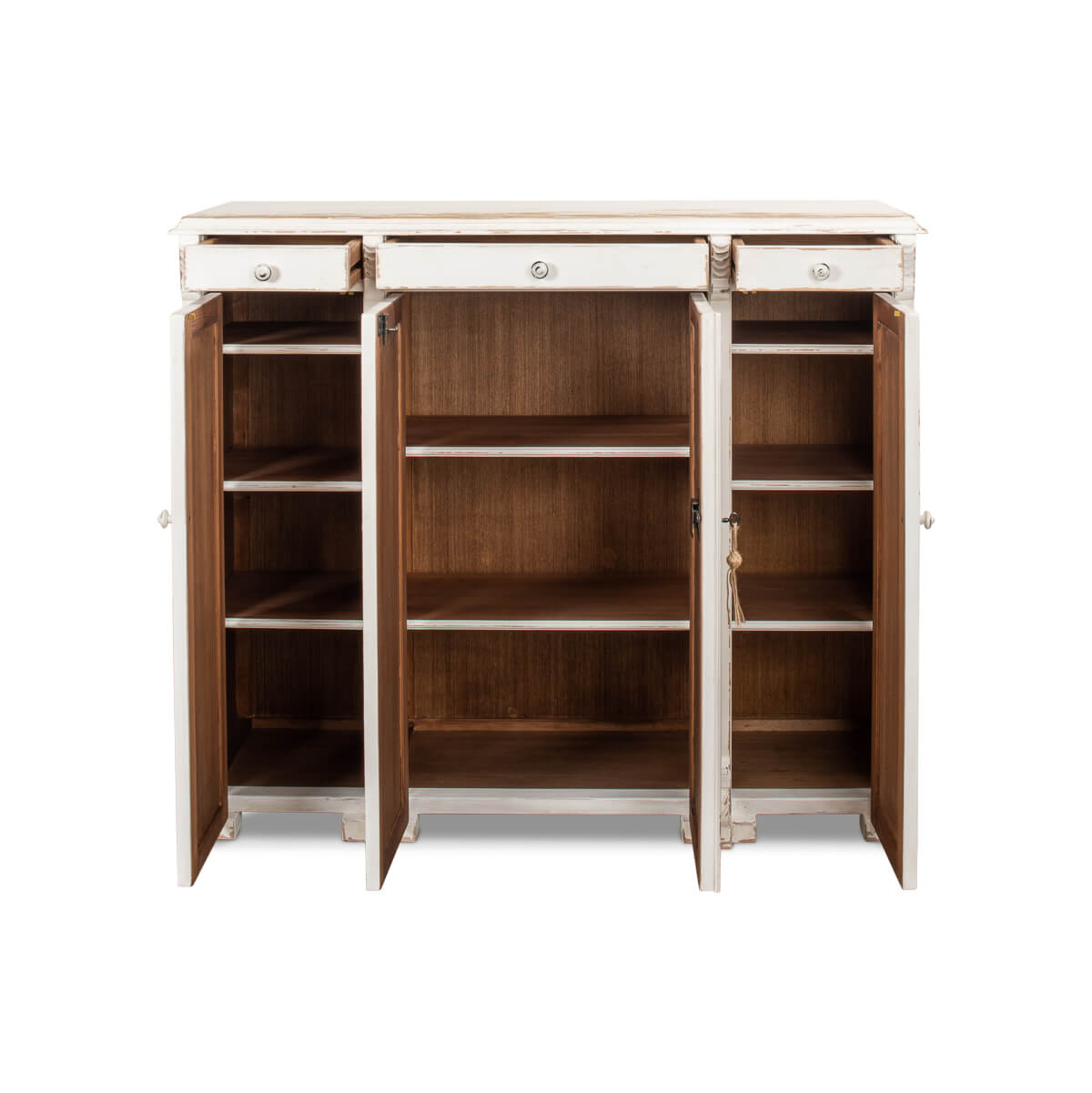 French country sideboard, open doors, interior shelves visible