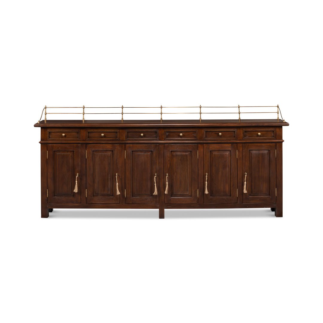 Straight front view of French Country walnut buffet sideboard.