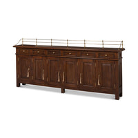 Front angle view of French Country walnut buffet sideboard.