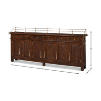 Measurements view of French Country walnut buffet sideboard.