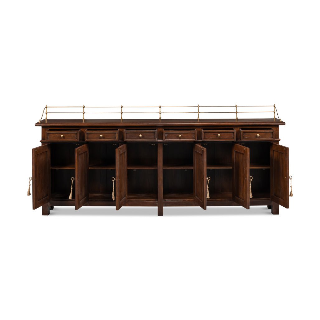 Open doors of French Country walnut buffet sideboard.