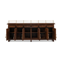 Open doors of French Country walnut buffet sideboard.