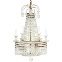 Elegant crystal and bronze chandelier, full view.