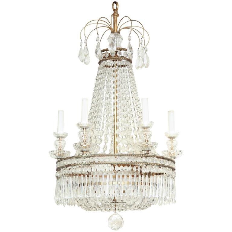 Elegant crystal and bronze chandelier, full view.