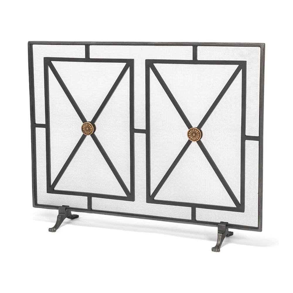 Angled view, French Directoire style fireplace screen design.