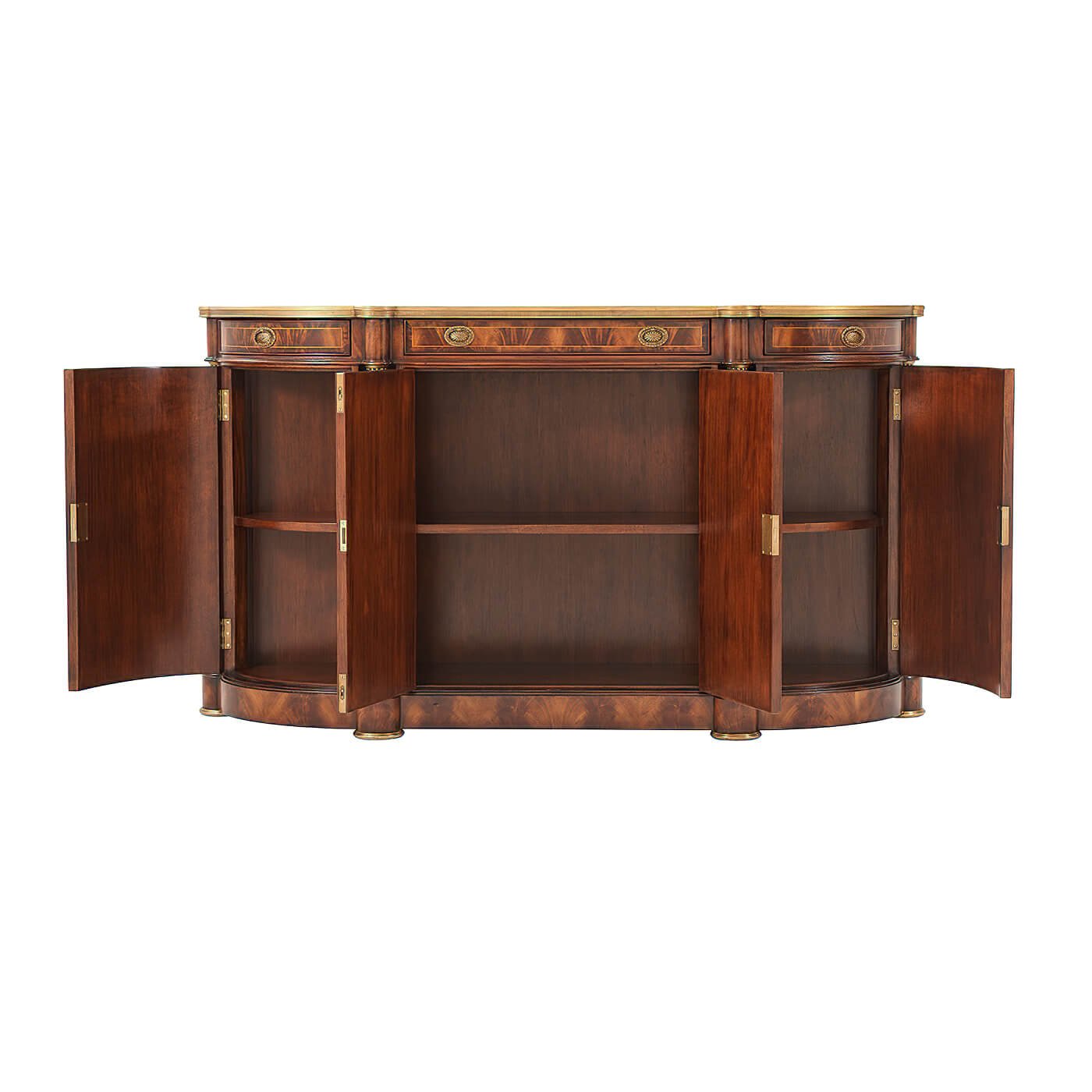 French Empire Demi Lune Buffet, doors open showing shelves.