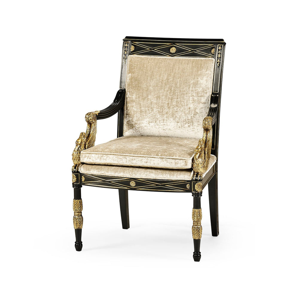 French Empire style armchair front view, gold accents.