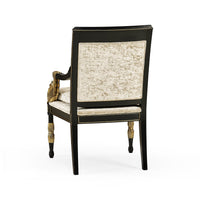 French Empire style armchair back view, detailed design.